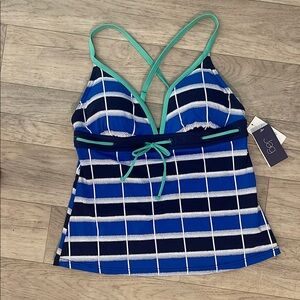 🇺🇸 Blue navy white green bow Striped Tankini swim Top NWT checker sz large